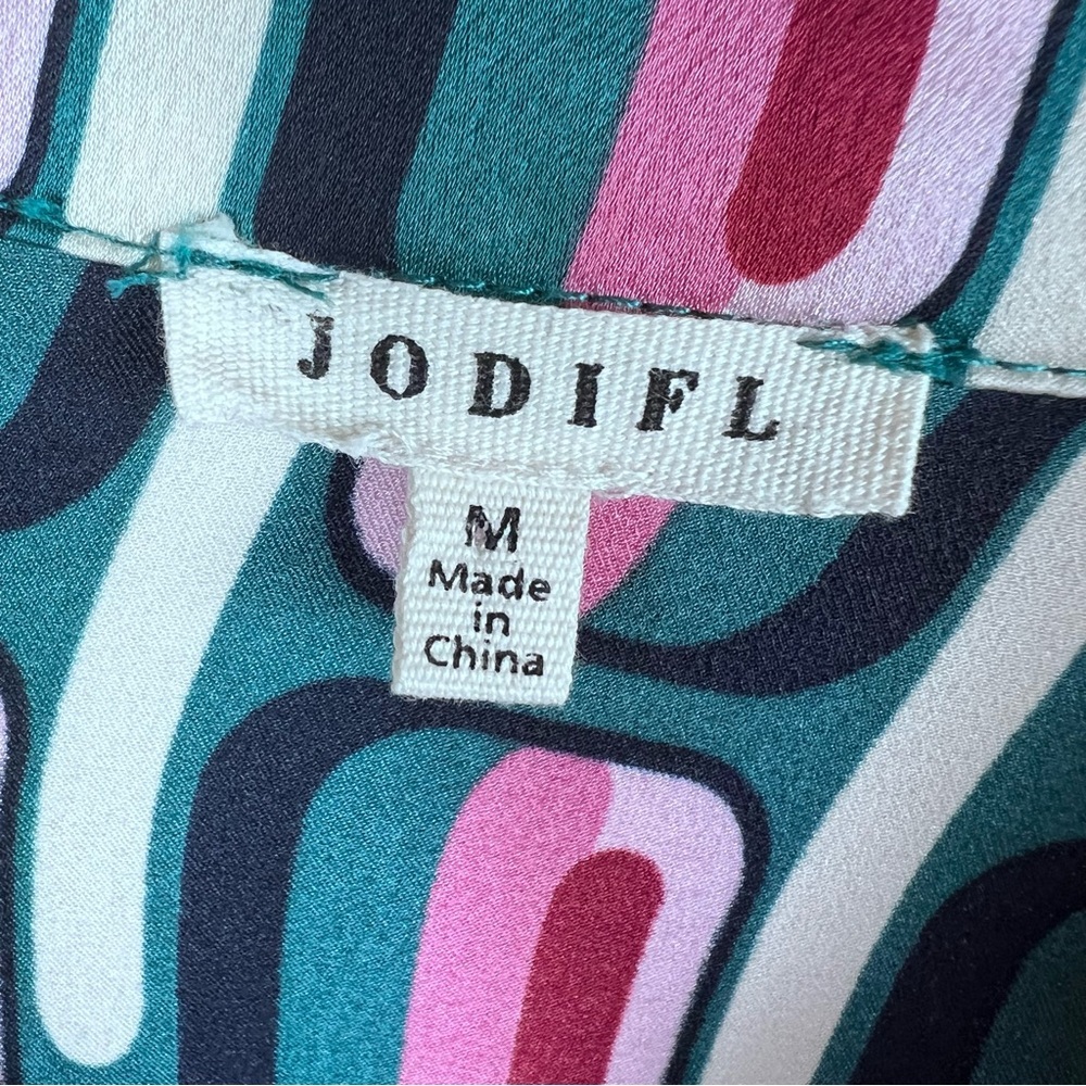Jodifl Retro Geometric Print Blouse Satin  M Long Sleeve Button Down Career Wear - Picture 3 of 9